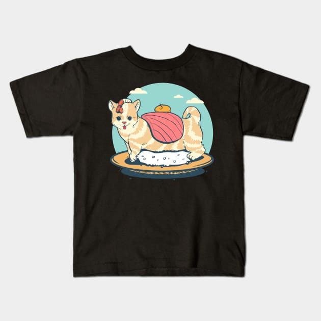 Japanese Cute Sushi Cat Sashimi Kids T-Shirt by anubis1986